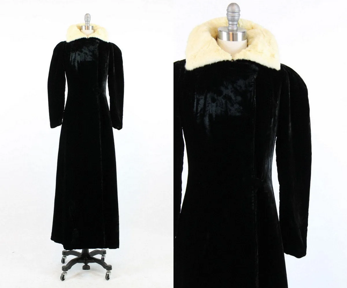 1930s silk velvet long coat dressing robe fur collar xs | new winter