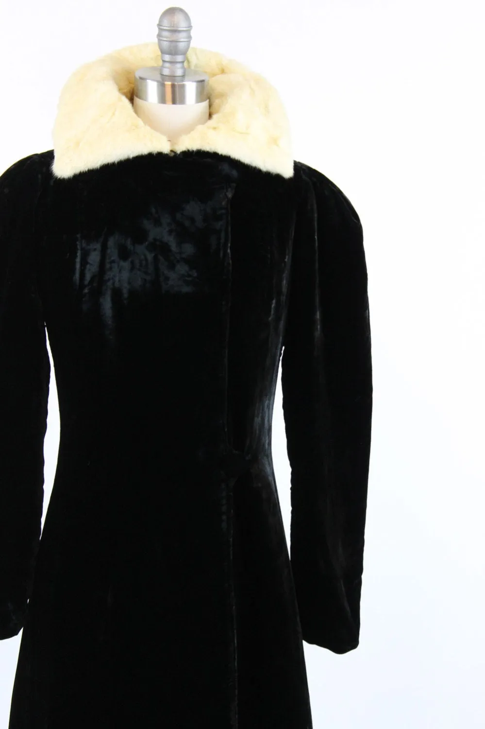 1930s silk velvet long coat dressing robe fur collar xs | new winter