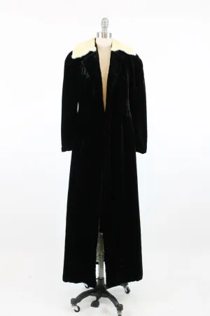 1930s silk velvet long coat dressing robe fur collar xs | new winter