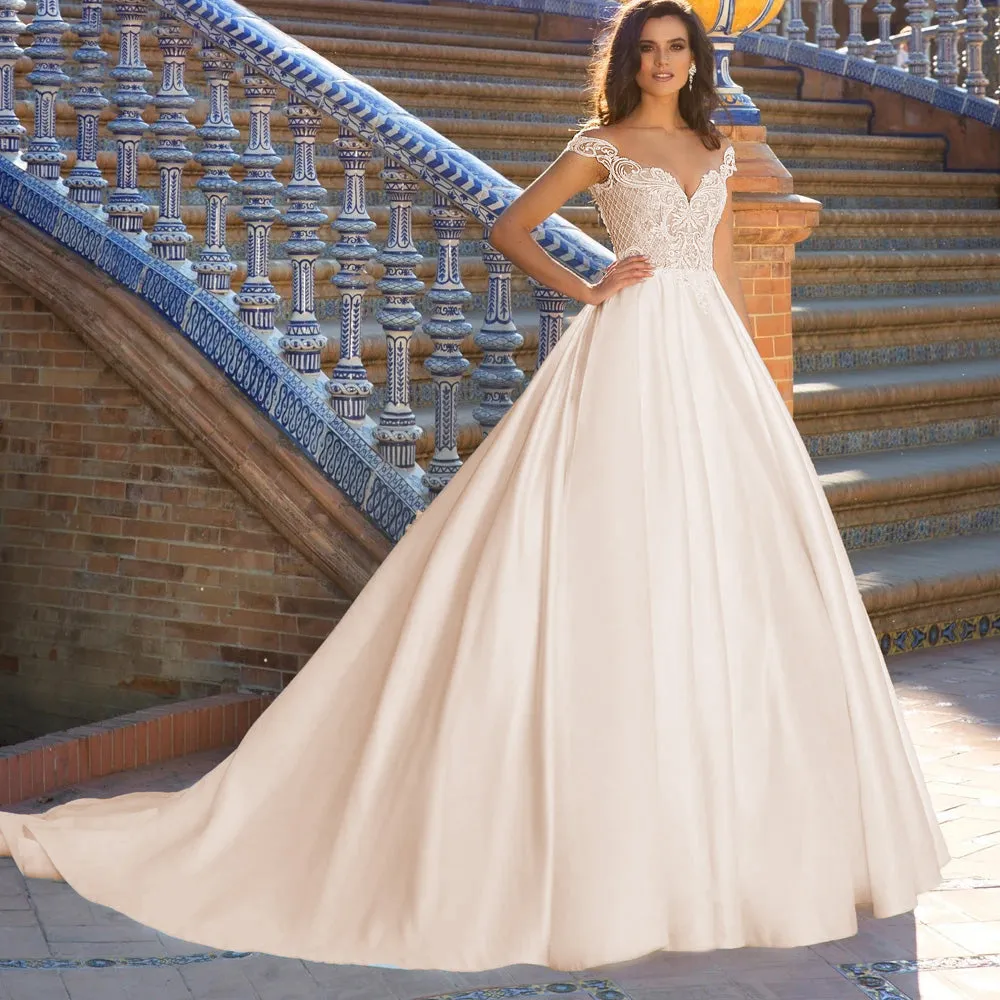 A-Line Backless Satin Princess Sleeveless Wedding Dress with Appliques and Beaded Cap