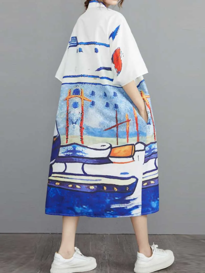 Abstract Art Print Short Sleeve A-Line Shirt Dress