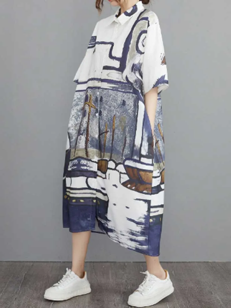 Abstract Art Print Short Sleeve A-Line Shirt Dress