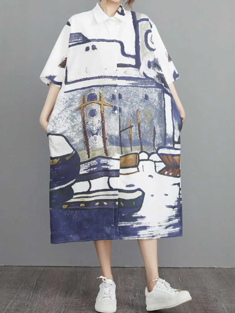 Abstract Art Print Short Sleeve A-Line Shirt Dress