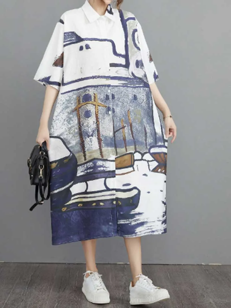 Abstract Art Print Short Sleeve A-Line Shirt Dress