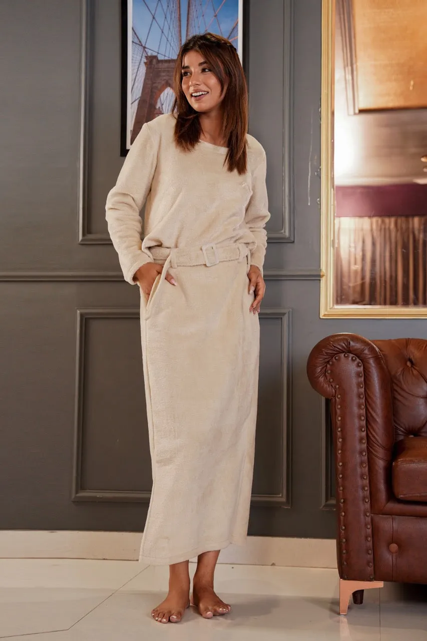 Beige Super Soft Woollen Top & Skirt Set