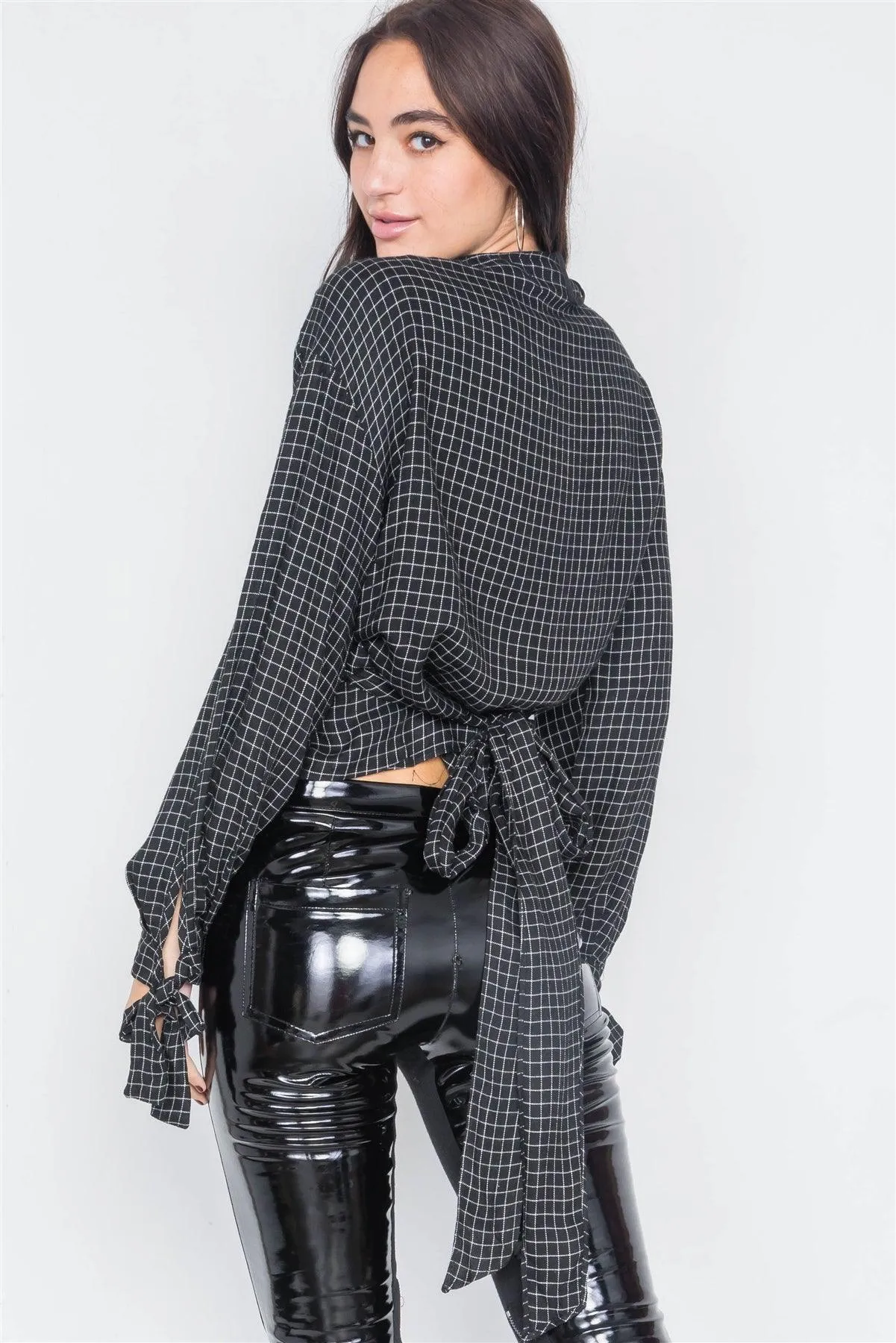 Black & White Plaid Side Wrap Knot Crop Top  /3-2-1