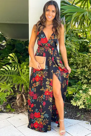 Black And Red Floral Halter Neck Maxi Dress With Slit