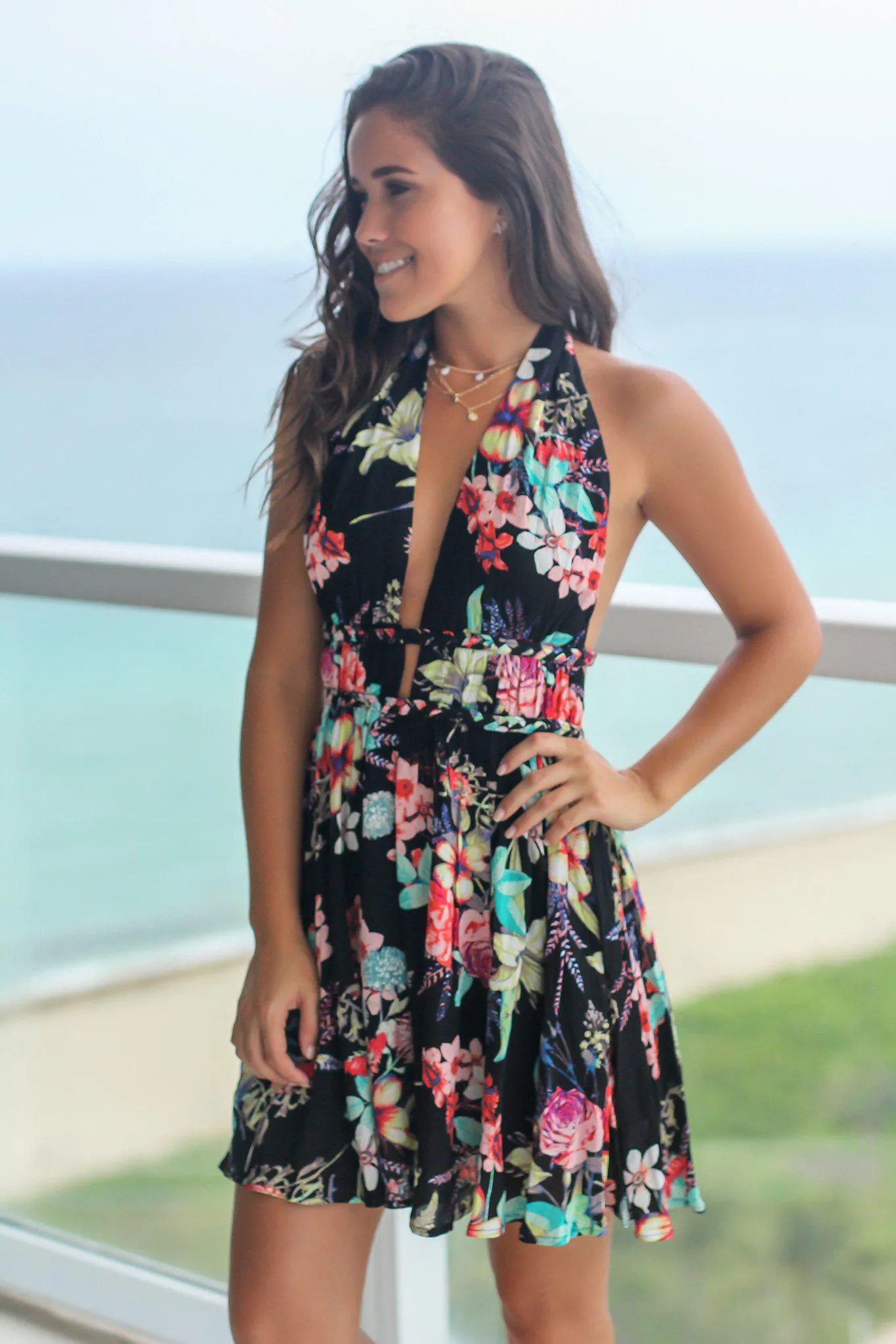 Black Floral Halter Neck Short Dress