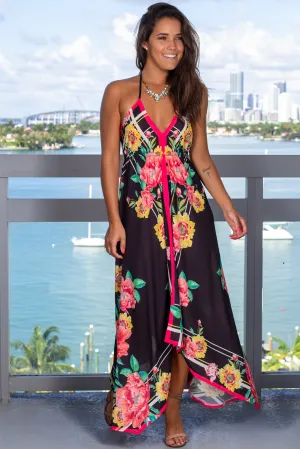 Black Floral Printed Halter Neck Maxi Dress