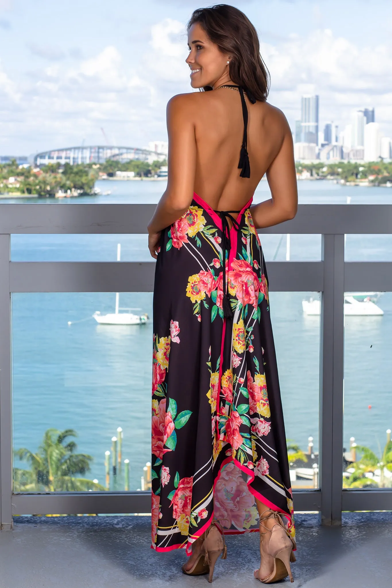 Black Floral Printed Halter Neck Maxi Dress