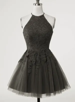 Black Halter Tulle With Lace Short Party Dress Black Tulle Homecoming Dress