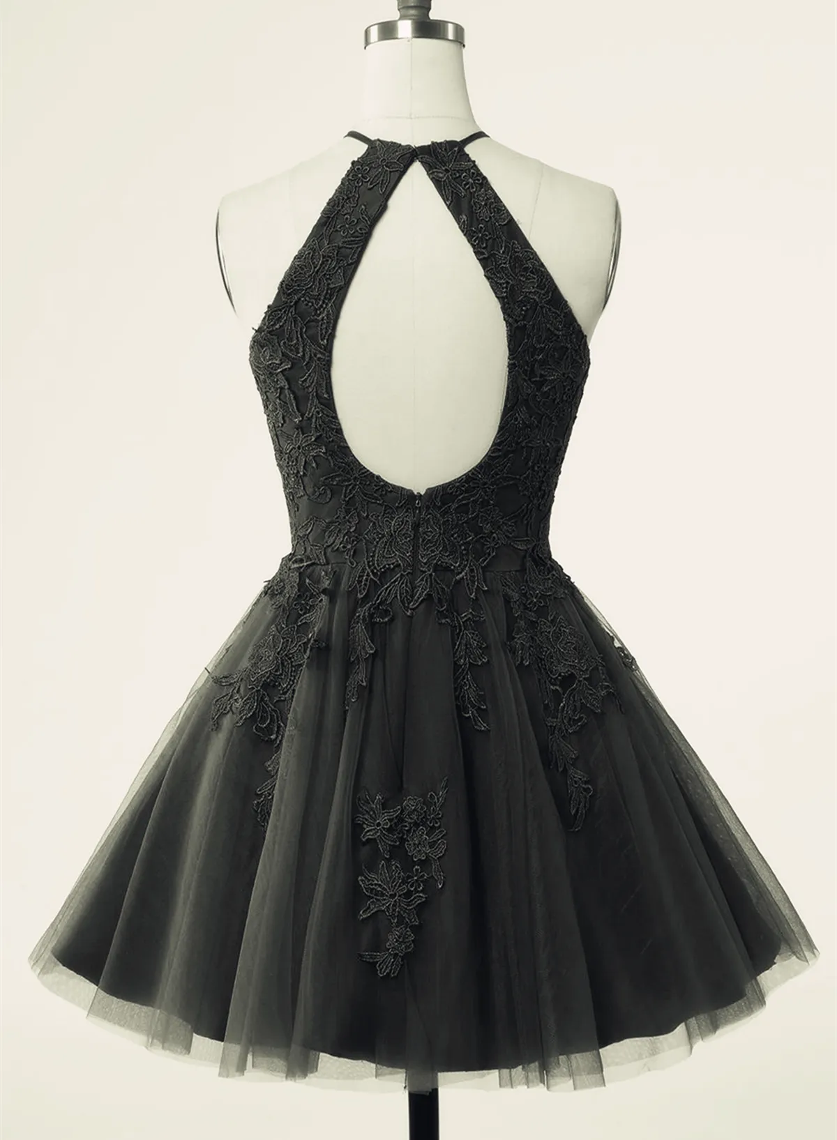 Black Halter Tulle With Lace Short Party Dress Black Tulle Homecoming Dress