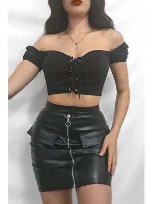 Black Leather Look  Utility Mini Skirt