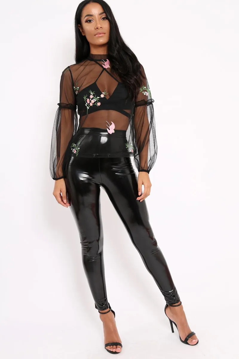 Black Mesh Embroidered Floral Top - Pacey