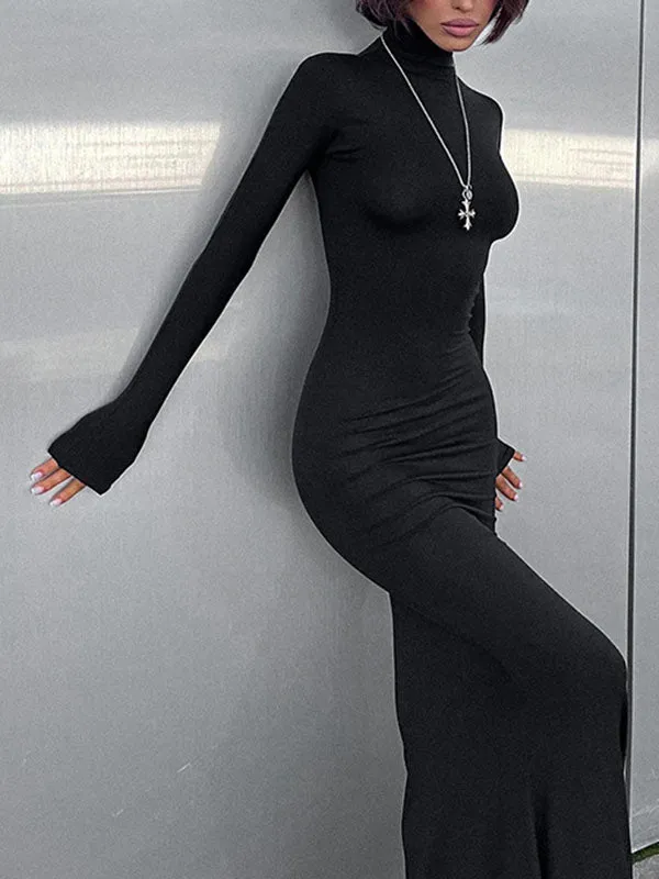 Bodycon Long Sleeves Solid Color Split-Joint High Neck Maxi Dresses