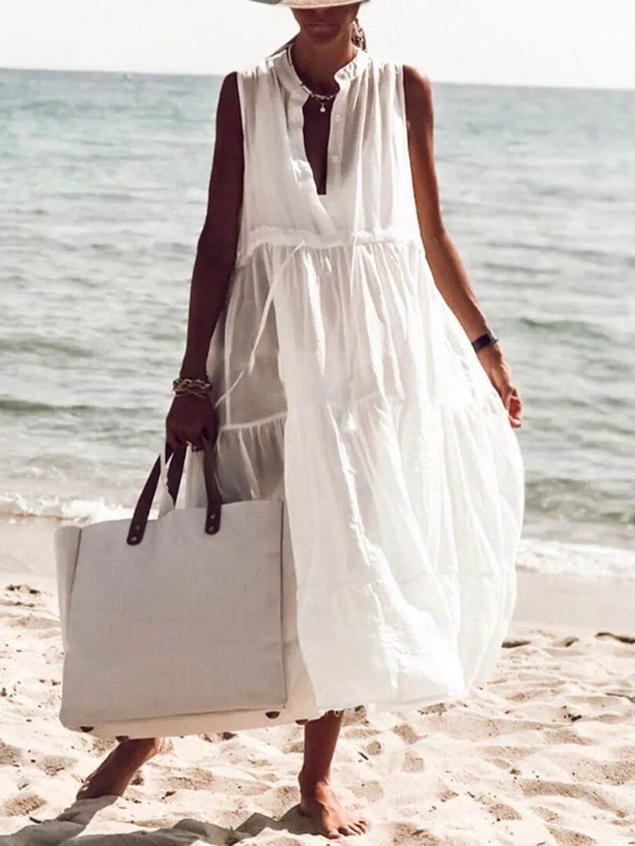 Bohemian Solid V-Neck Sleeveless Dress