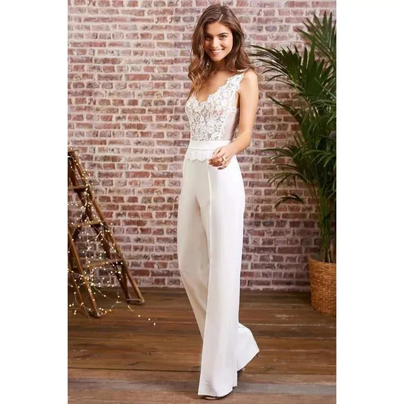 Boho Beach Jumpsuit Wedding Dress Sleeveless Lace Open Back Ivory Custom