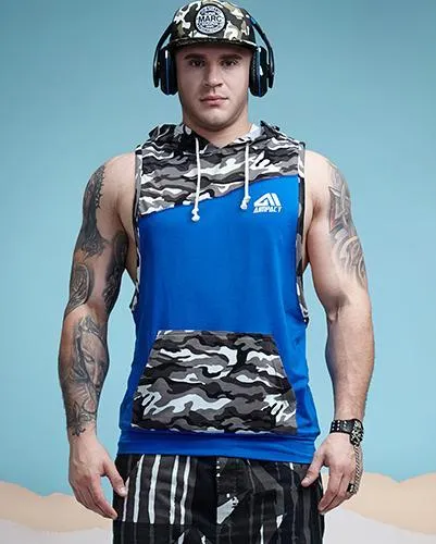 Camouflage Patchwork Fitness Sleeveless Hoodie Tank Top