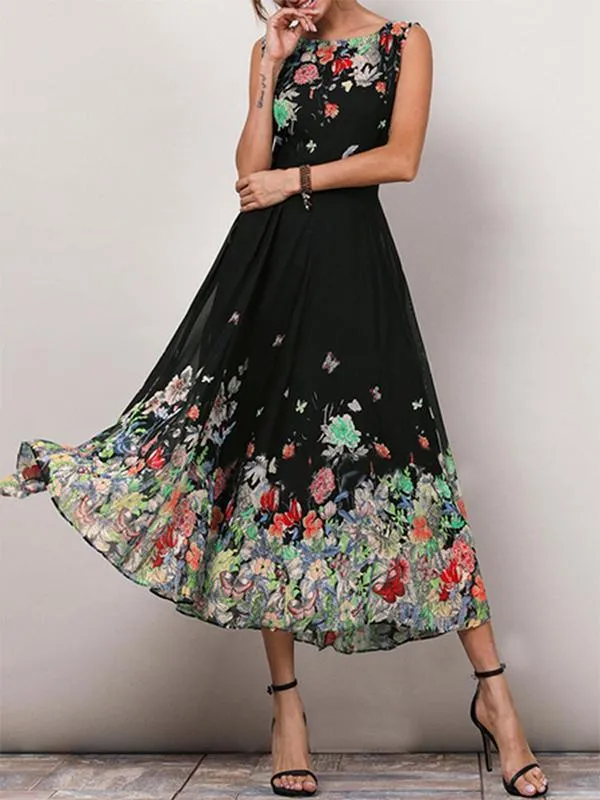 Casual Floral Print Sleeveless A-line Midi Dress