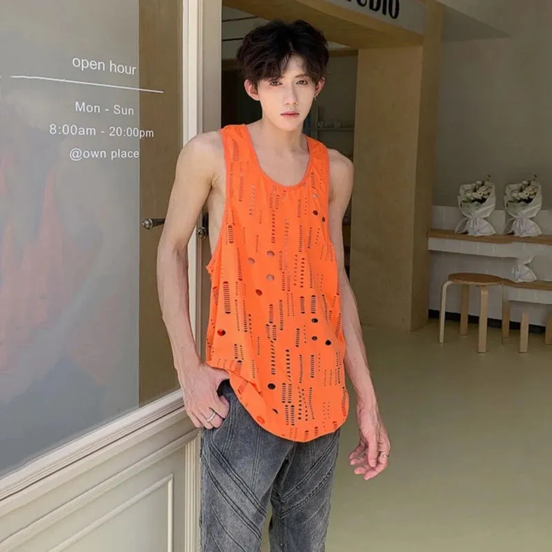 Casual Thin Men's Tank Tops Fashion Loose Round Collar Hollow Out Hole Male Tops Solid Color Chic Sunmmer 9C6106