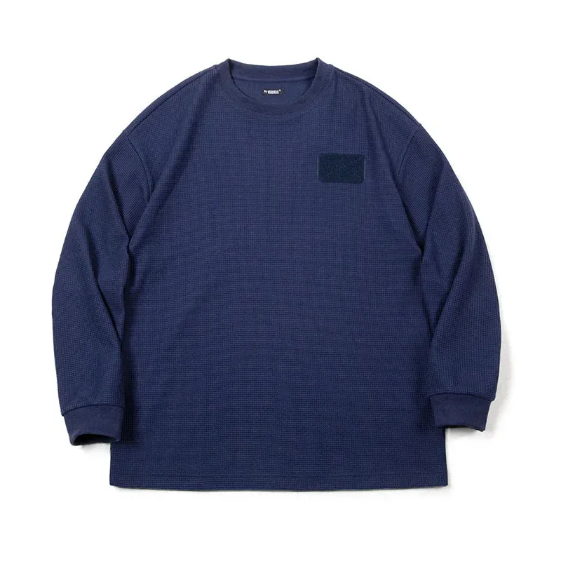 Casual Waffle Long Sleeve T-shirt Men's Navy Blue Round Neck Sweater