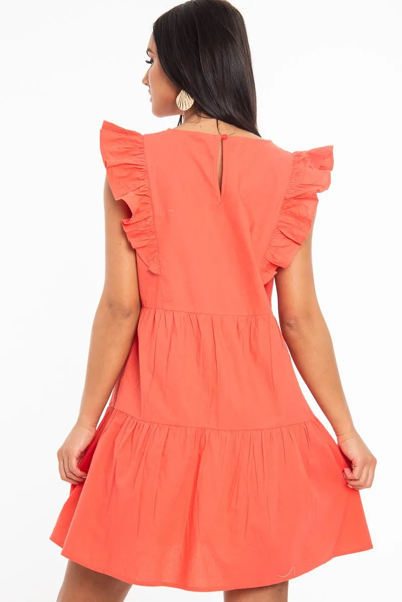 Coral Woven Ruffle Detail Tiered Smock Dress - Grace