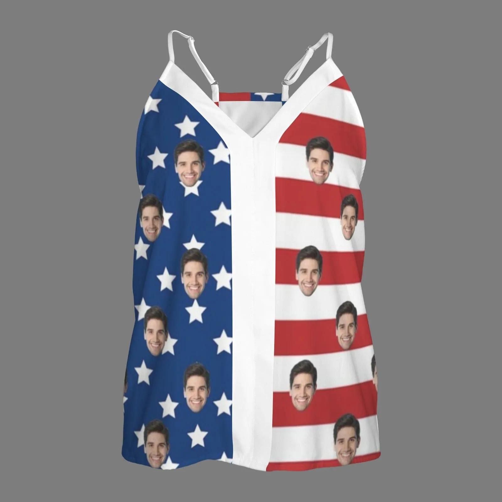 Custom Face American Flag Style Women's V-Neck Cami Tank Tops