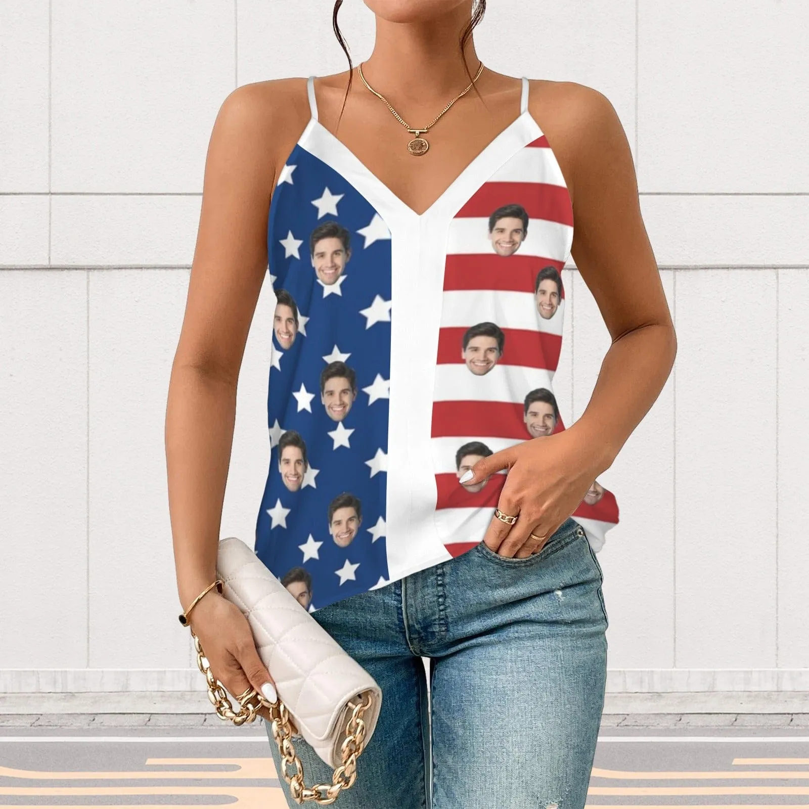 Custom Face American Flag Style Women's V-Neck Cami Tank Tops