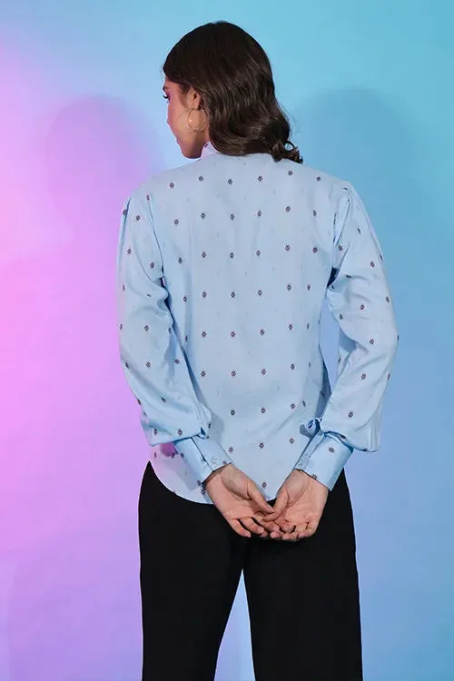 Cute Sky Blue Viscose Rayon Self Design Collar Pattern Top Collection