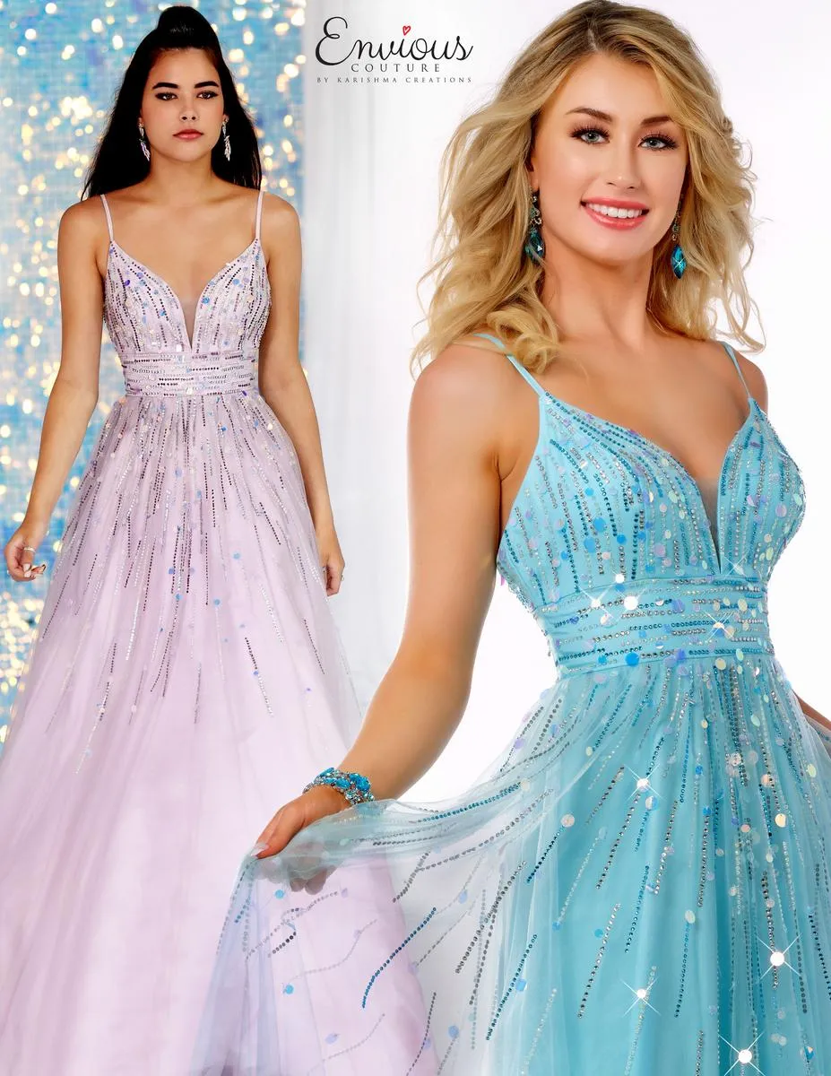 ENVIOUS Couture 1721 Aqua Blue A-Line Sequin Embellished Dress