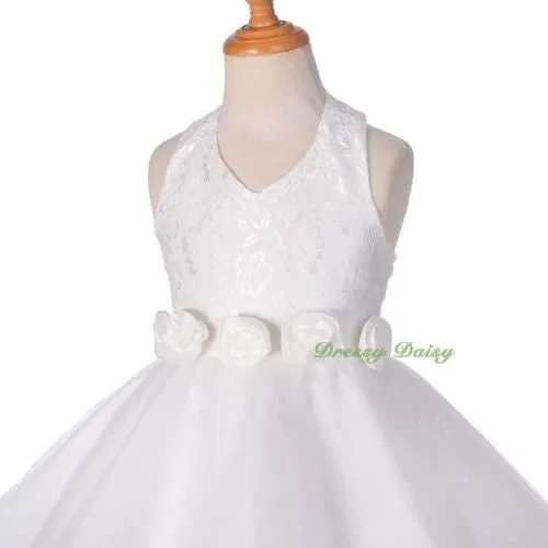 FG283 Halter Floral Lace Lovely Rosettes Party Wedding Flower Girl Dress Size 2-9