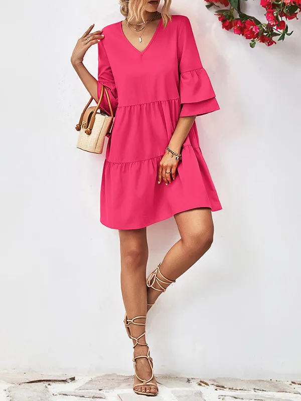 Flared Sleeves Half Sleeves Solid Color V-Neck Mini Dresses