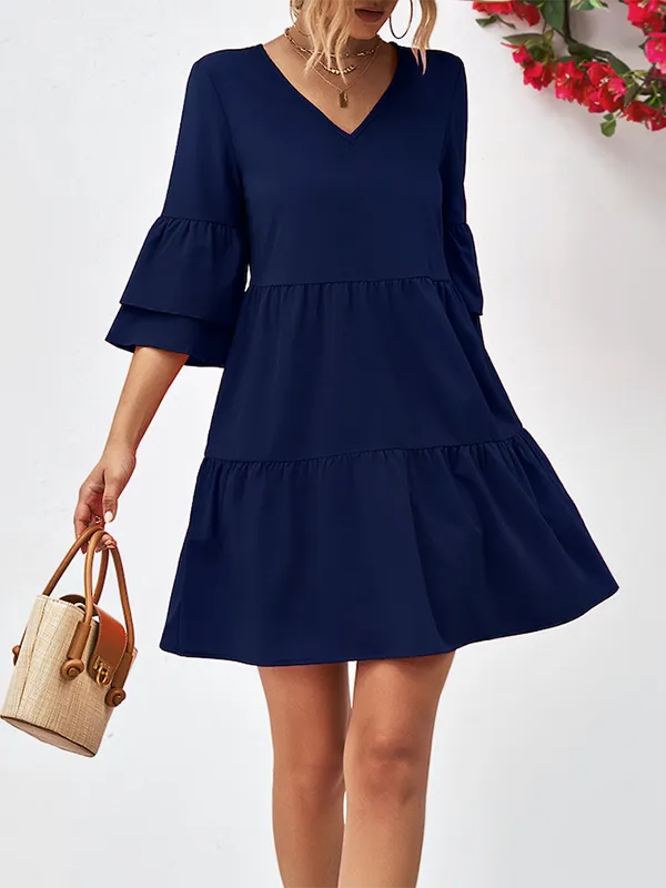 Flared Sleeves Half Sleeves Solid Color V-Neck Mini Dresses