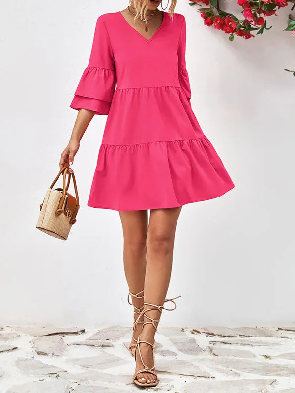 Flared Sleeves Half Sleeves Solid Color V-Neck Mini Dresses