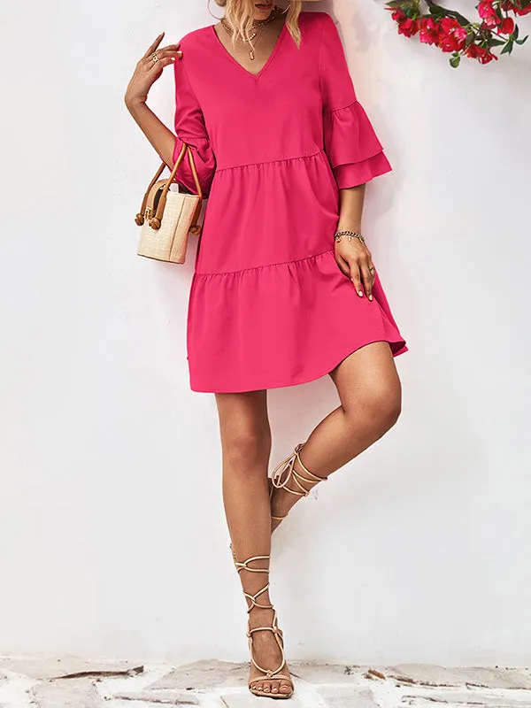 Flared Sleeves Half Sleeves Solid Color V-Neck Mini Dresses