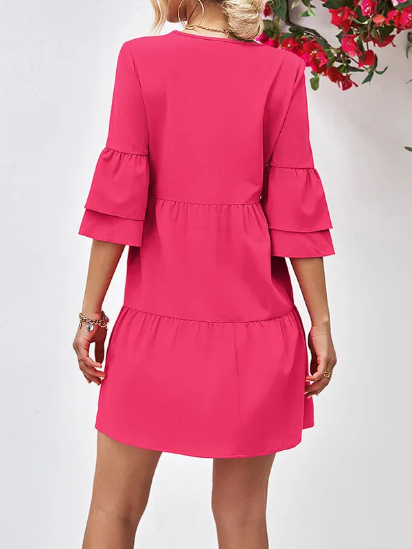 Flared Sleeves Half Sleeves Solid Color V-Neck Mini Dresses