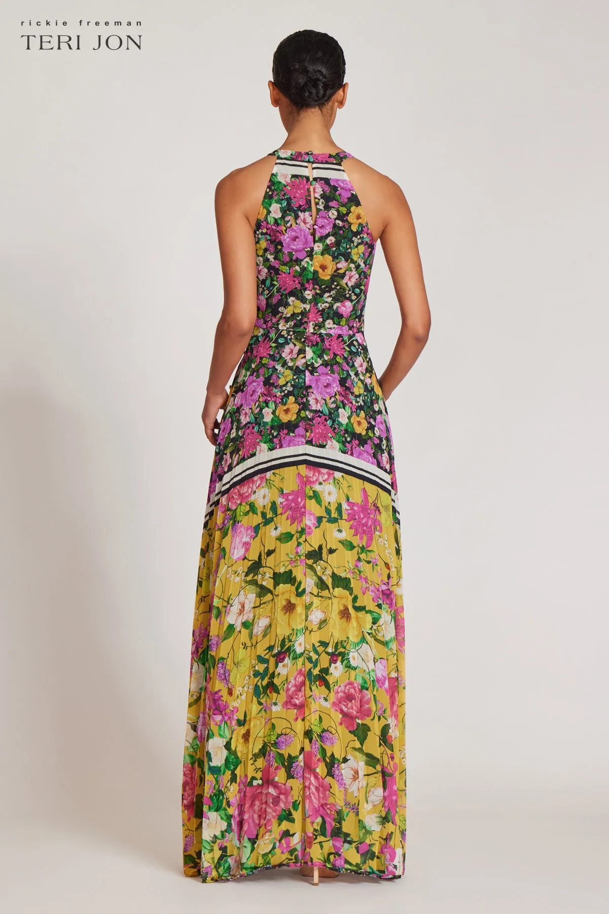 Floral Pleated Halter Neck Gown