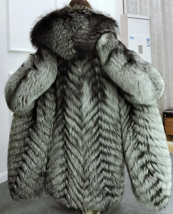 Full length Silver Fox Fur Long Coat with Hood