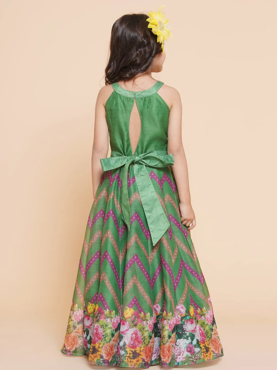 Girl's Green Zig Zag Flower Digital Printed Fit & Flared Maxi Dress. - Bitiya By Bhama