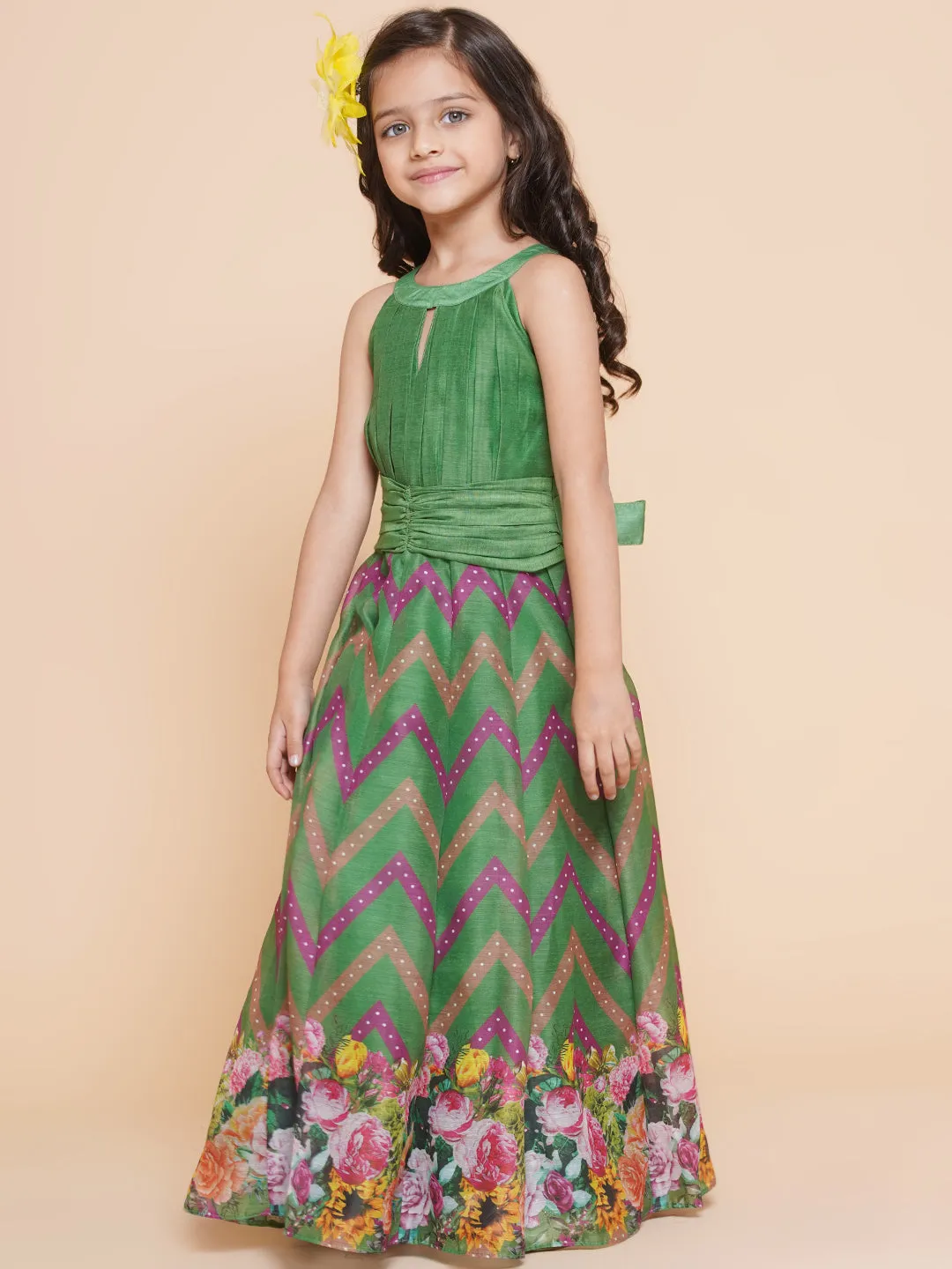 Girl's Green Zig Zag Flower Digital Printed Fit & Flared Maxi Dress. - Bitiya By Bhama