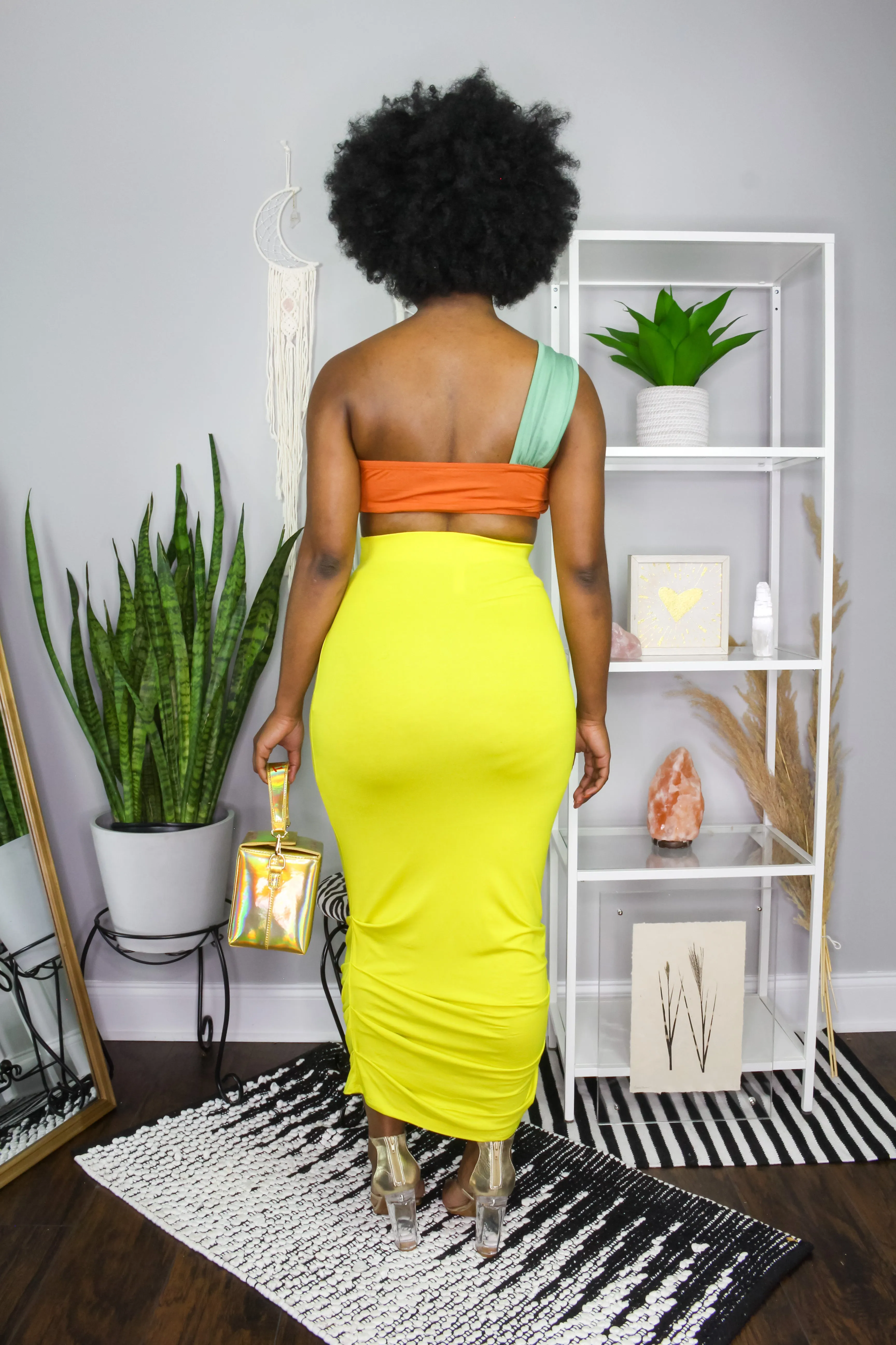 Goddess Color Blocking High Waist Crop Top Two Piece Set