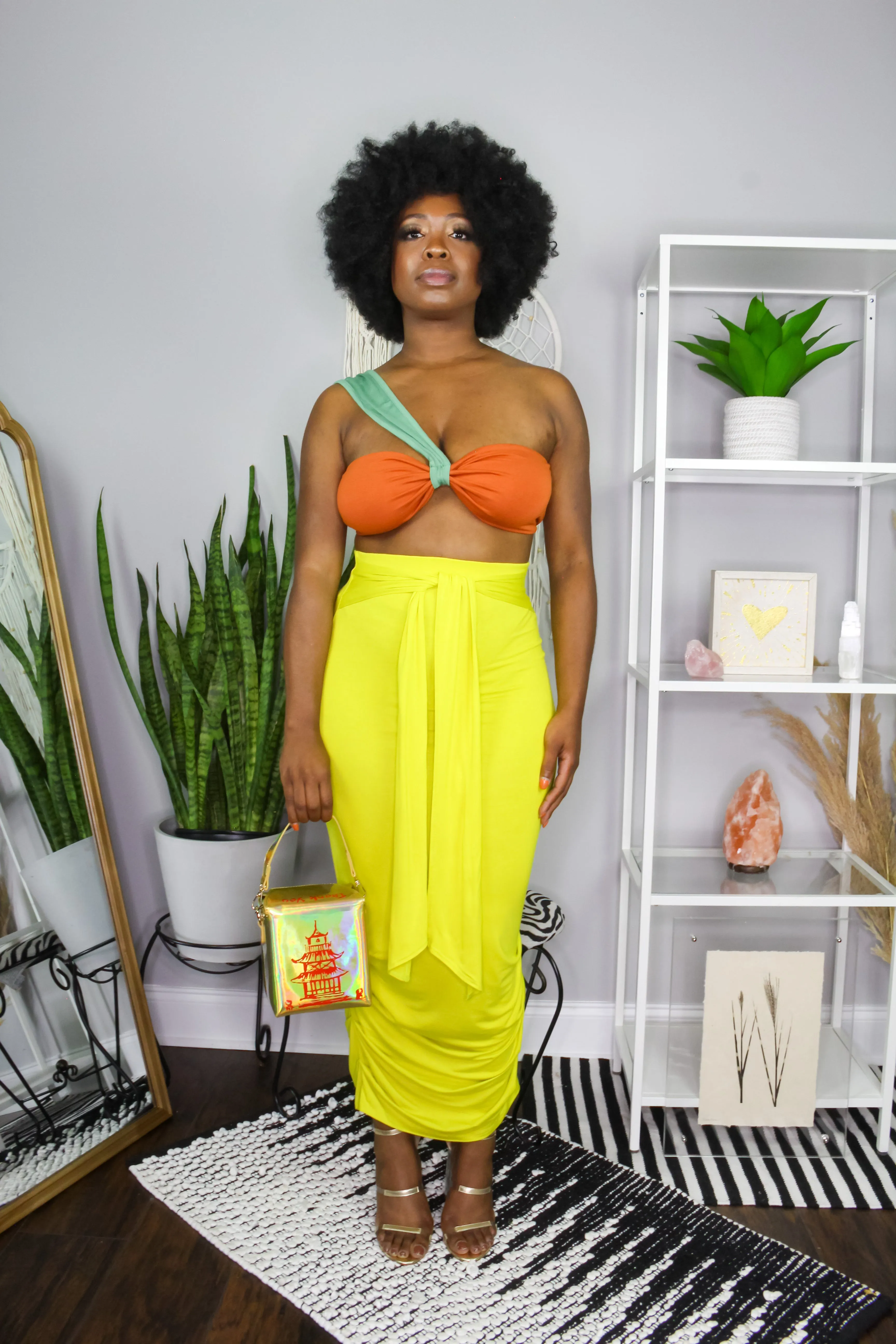 Goddess Color Blocking High Waist Crop Top Two Piece Set