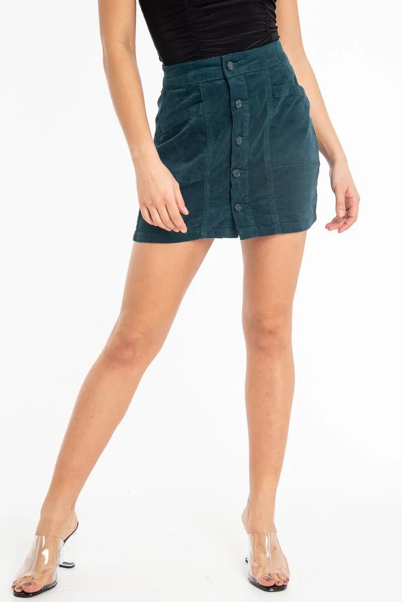 Green Corduroy Button Front Mini Skirt - Vicky