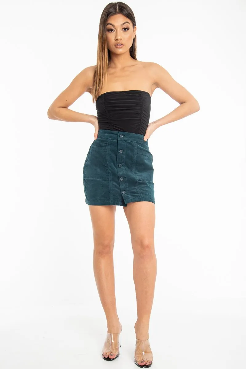 Green Corduroy Button Front Mini Skirt - Vicky