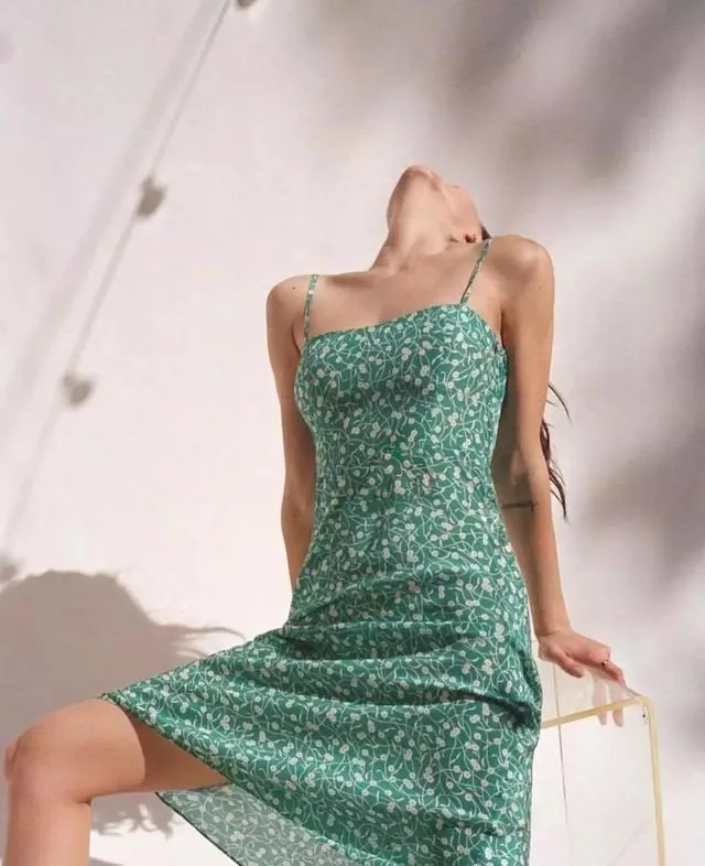 Green Floral Print Halter Midi Dress