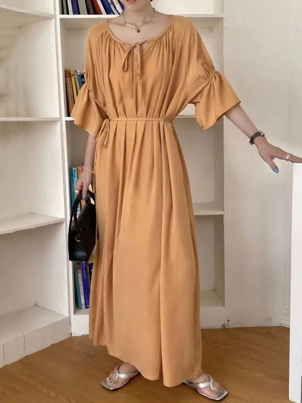 Half Sleeves Loose Solid Color Round-Neck Midi Dresses