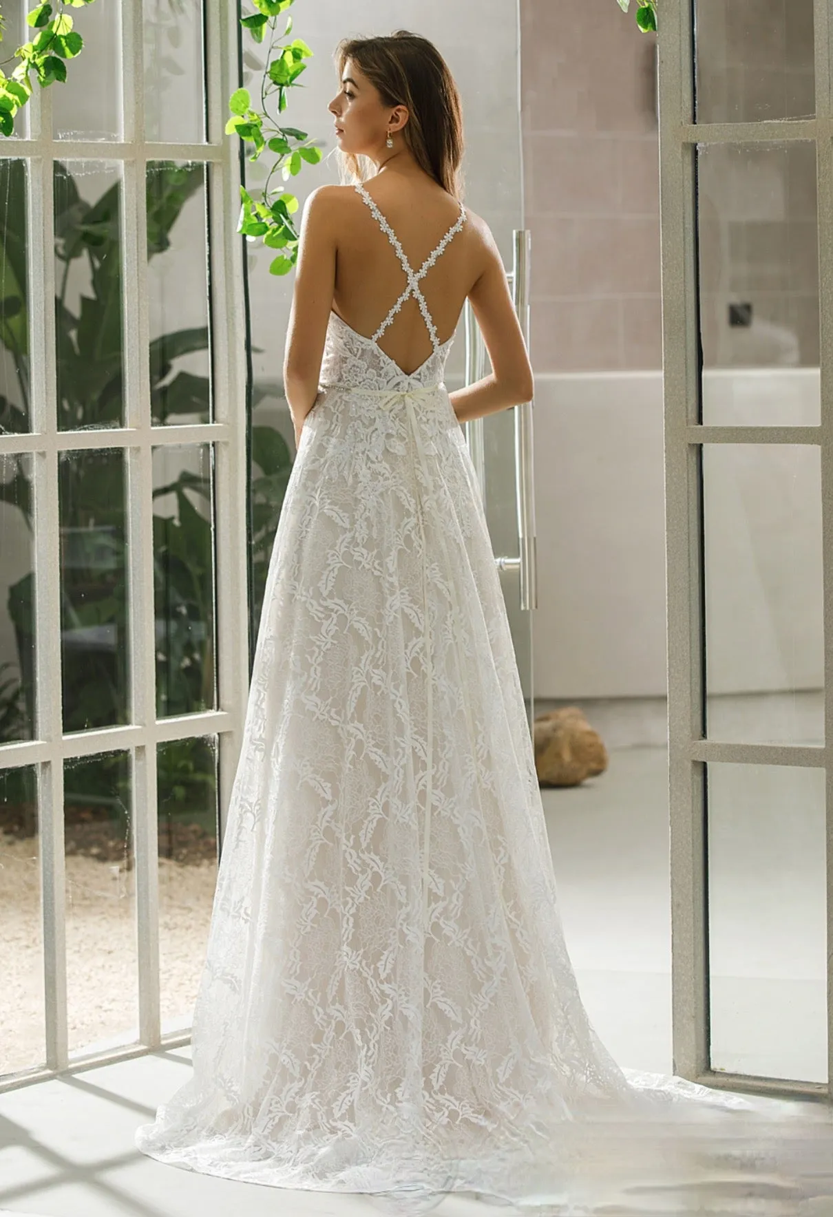 Halter Neckline Lace Bridal Gown With Crisscross Back