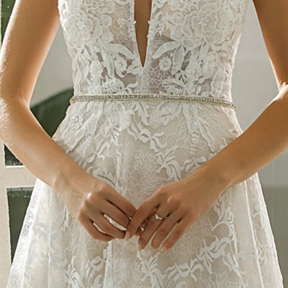 Halter Neckline Lace Bridal Gown With Crisscross Back