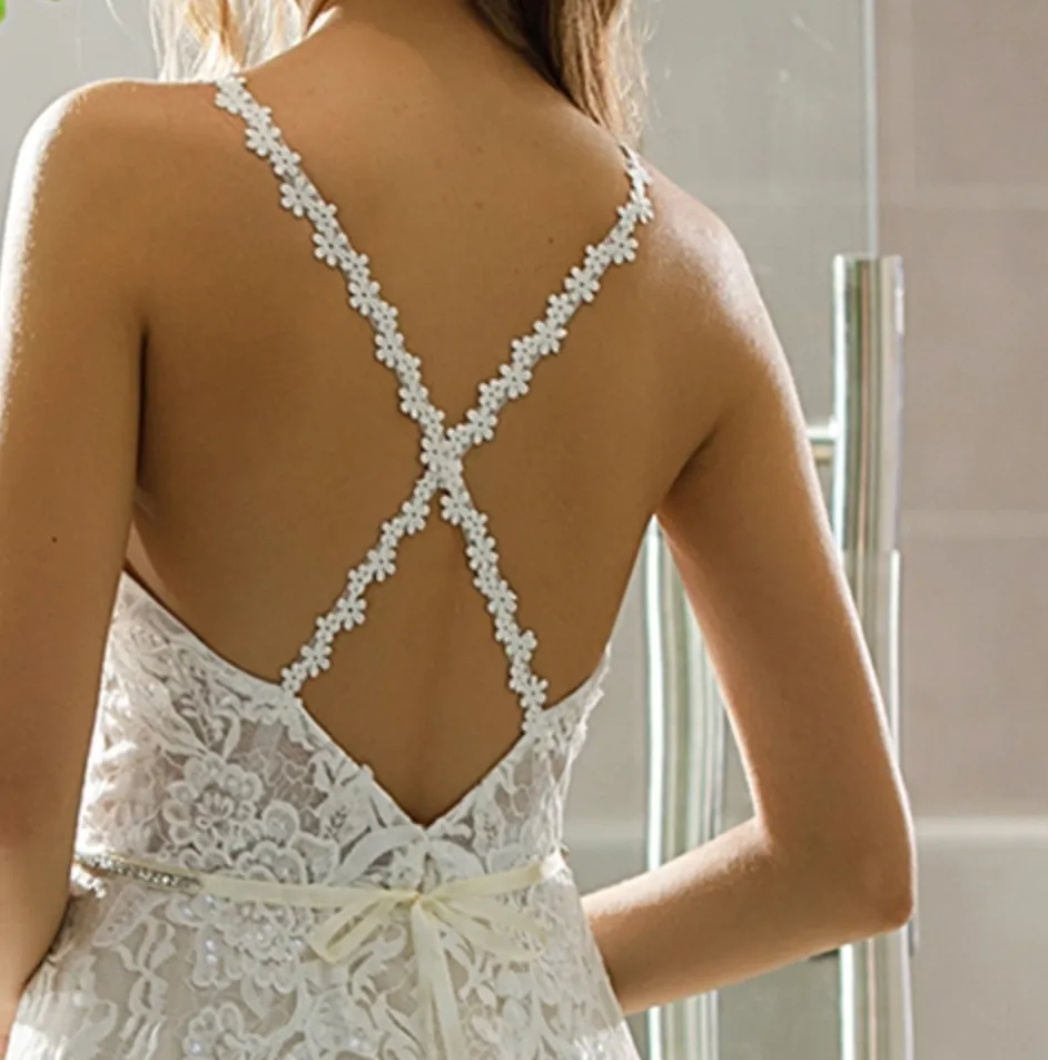 Halter Neckline Lace Bridal Gown With Crisscross Back