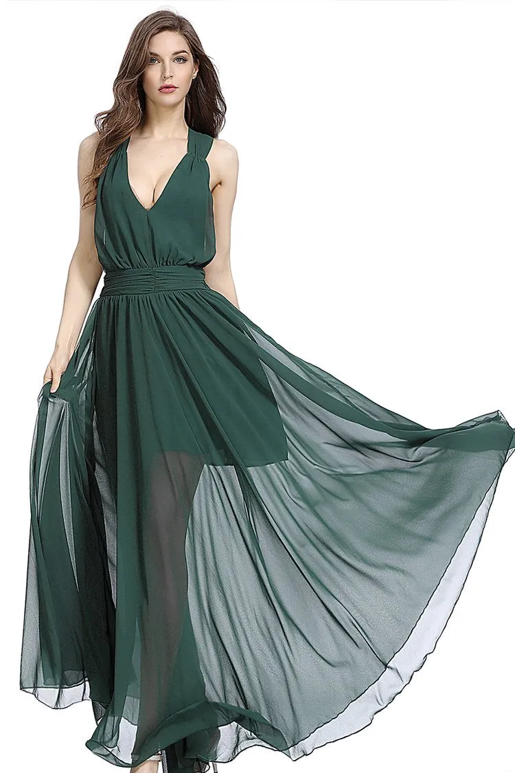 Hanging Neck Slim Dark Green Backless Sexy Big Swing Strap Beach Maxi Dress